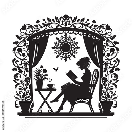 Elegant silhouette of woman reading a book in a floral decorated sunroom