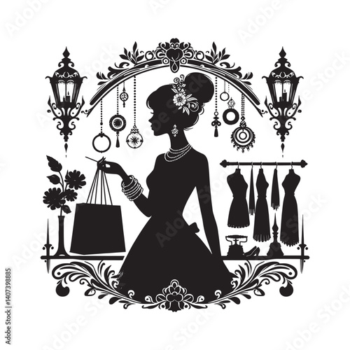 Elegant silhouette of woman shopping at a fashionable boutique store