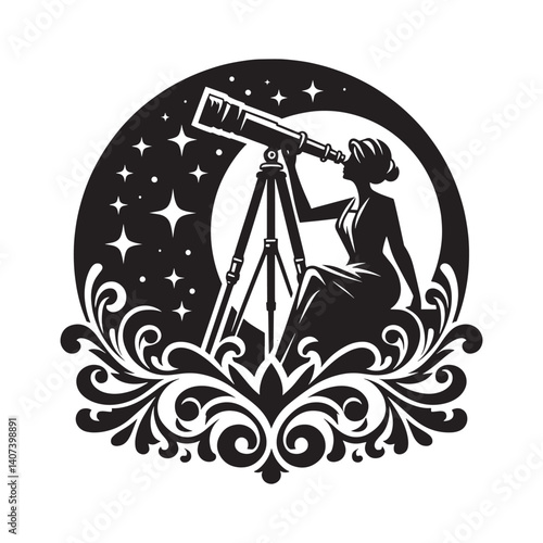 Elegant silhouette of woman stargazing with telescope under starry night sky