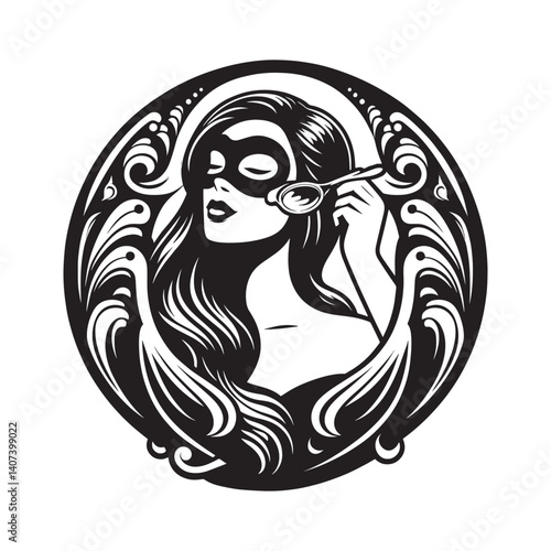Elegant vector woman in mask with spoon, stylized in decorative black and white frame