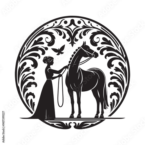 Elegant victorian woman braiding horse mane, decorative vector illustration