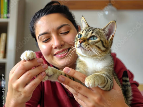 A woman is holding a cat in her arms. The cat is a tabby and has a blue eye. The woman is smiling and she is happy