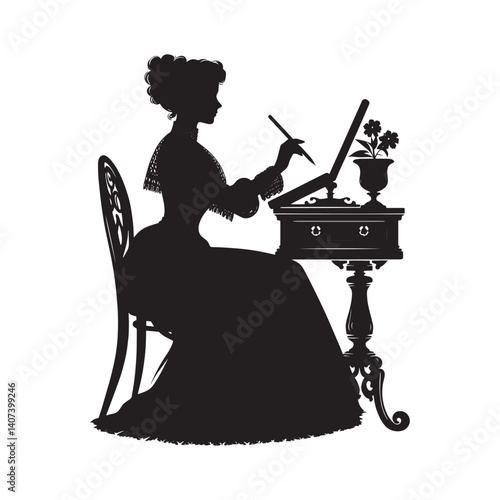 Elegant victorian woman silhouette writing at ornate desk illustration