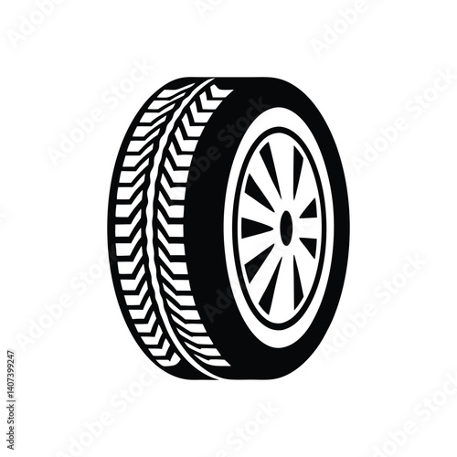 Black and White Car Wheel and Tire Icon, Automotive Vector Illustration