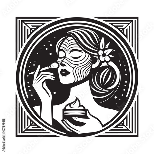 Elegant woman applying a revitalizing facial mask with intricate design