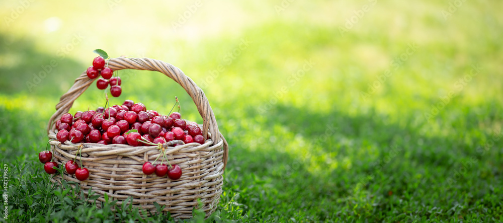 Full basket of ripe and fresh red sweet cherries