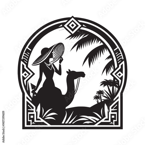 Elegant Woman on Camel in Desert Landscape within Decorative Frame