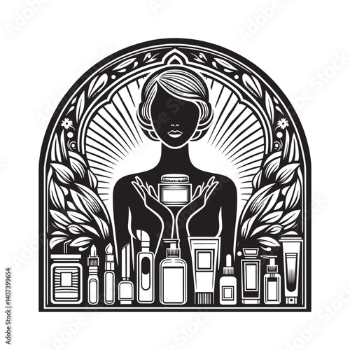 Elegant woman presenting a collection of beauty and skincare products