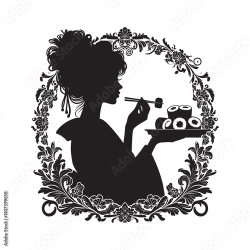 Elegant woman silhouette enjoying nigiri with victorian floral ornamentation