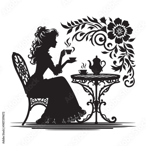 Elegant woman silhouette enjoying a quiet tea time on her patio vector art