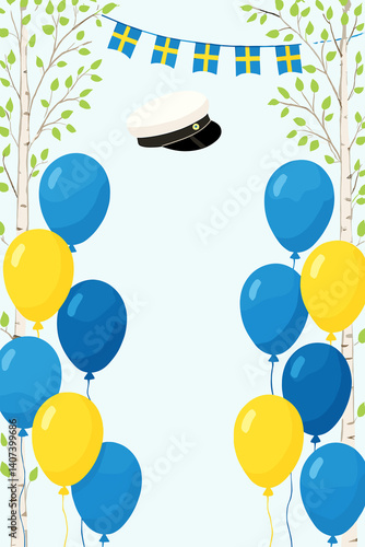 Swedish student graduate celebration banner – studentmössa, blue and yellow balloons, birch trees and flags – flat color style