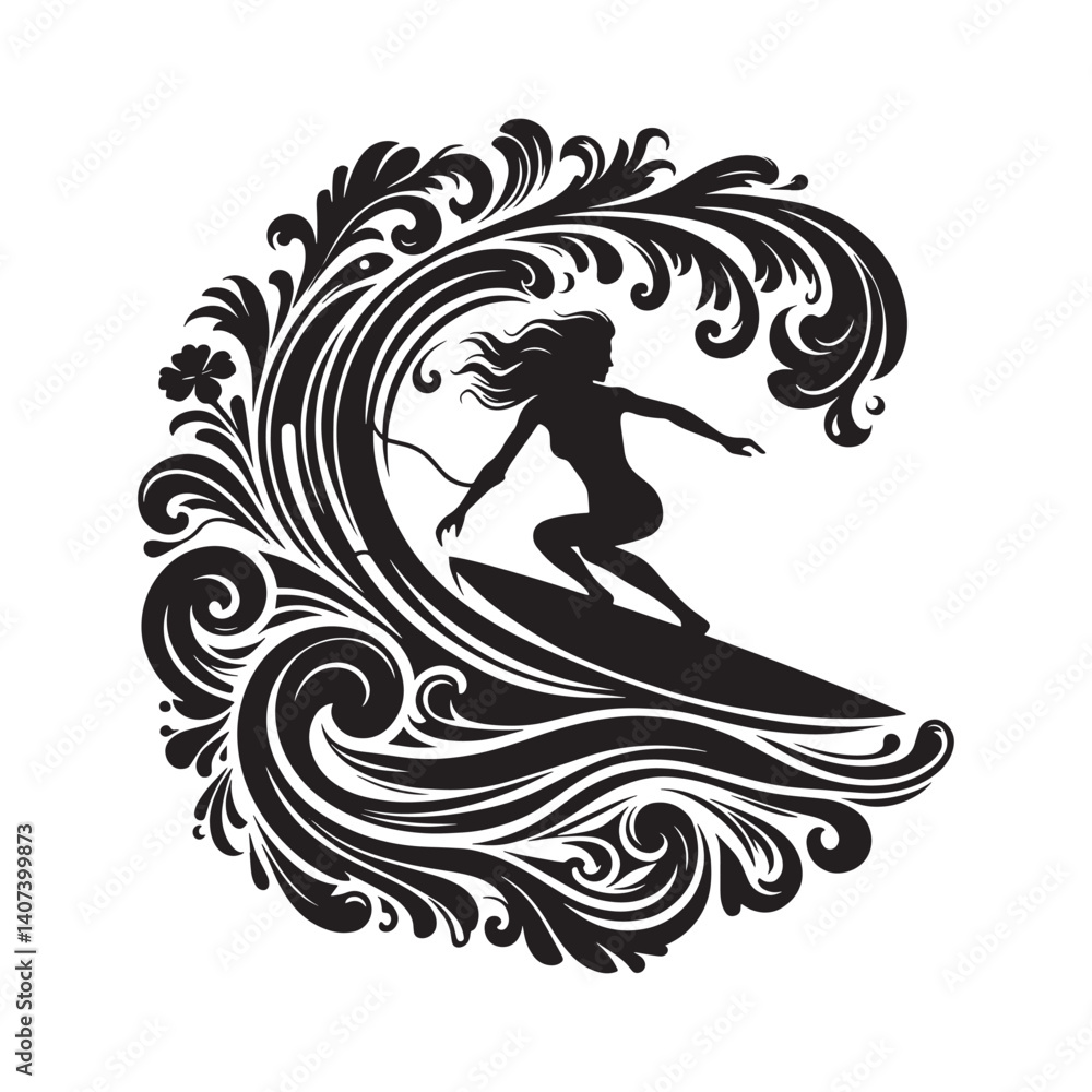 Obraz premium Elegant Woman Surfer Riding a Decorative Wave Black and White Artwork