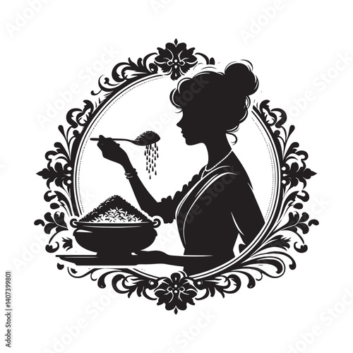 Elegant Woman Silhouette Serving Culinary Delight within Flourish Frame