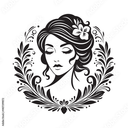 Elegant woman with floral hair ornament in a decorative botanical frame