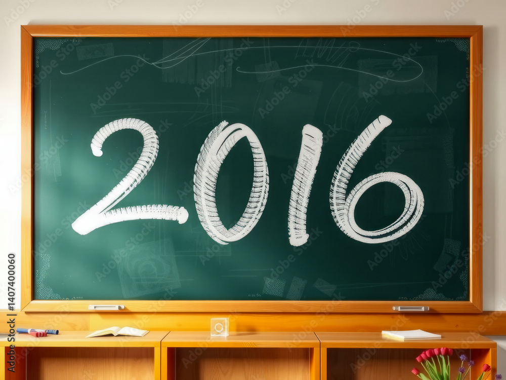 A chalkboard with the year 2016 written in cursive. The chalkboard is green and has a wooden frame