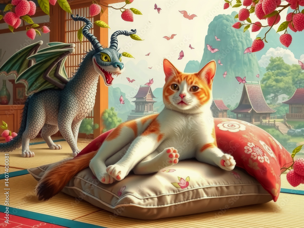 A cat is laying on a pillow next to a dragon. The dragon is looking at the cat with a menacing expression. The scene is set in a forest with a pink and white background