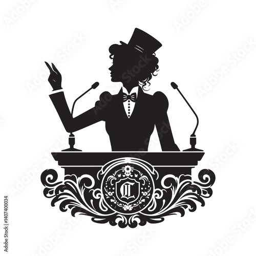 Eloquent silhouette of a woman delivering a sophisticated speech on stage