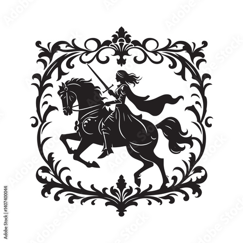 Empowered female knight silhouette in ornate frame astride a powerful horse
