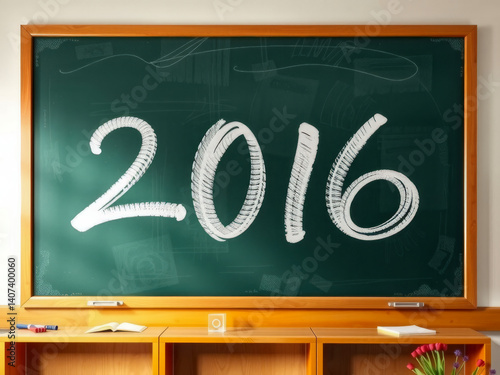 Obraz na płótnie A chalkboard with the year 2016 written in cursive. The chalkboard is green and has a wooden frame w salonie