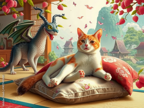 Obraz na płótnie A cat is laying on a pillow next to a dragon. The dragon is looking at the cat with a menacing expression. The scene is set in a forest with a pink and white background w salonie