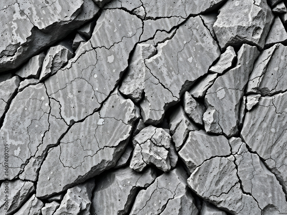 Cracked dry surface of gray rock, high detail geological texture isolated on white background. Generative AI