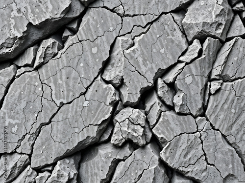 Obraz na płótnie Cracked dry surface of gray rock, high detail geological texture isolated on white background. Generative AI w salonie