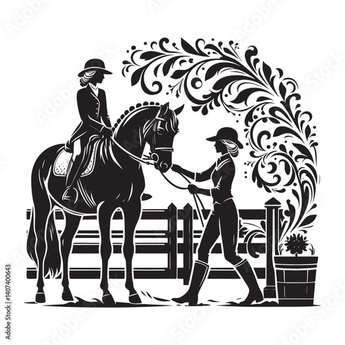 Equestrian partnership silhouette elegance, woman and horse training artwork design