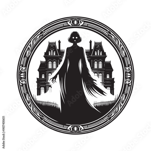 Enigmatic silhouette of spectral figure haunting an old mansion,s gothic grandeur