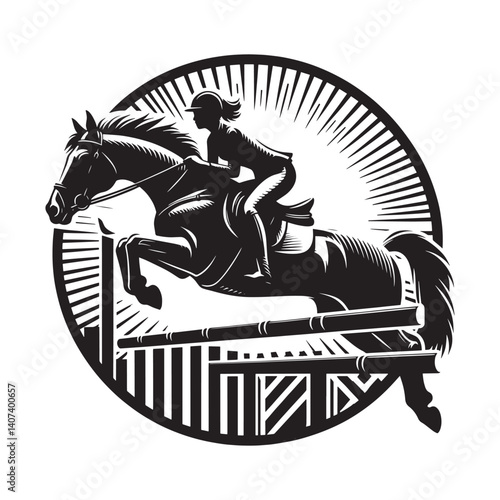 Equestrian athlete gracefully riding horse jumping over hurdle vector graphic