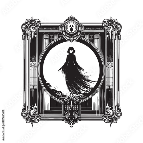 Enigmatic silhouette of spectral figure haunting a mansion in monochrome