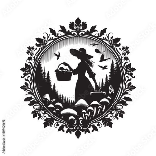 Ethereal forest gatherer, framed by victorian flourish, whimsical adventure