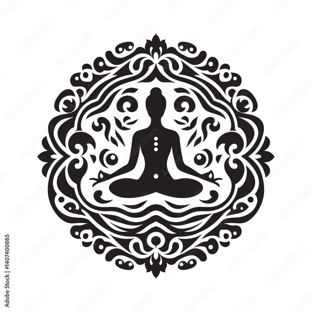 Fototapeta premium Meditative silhouette amidst stylized ornamental mandala design element