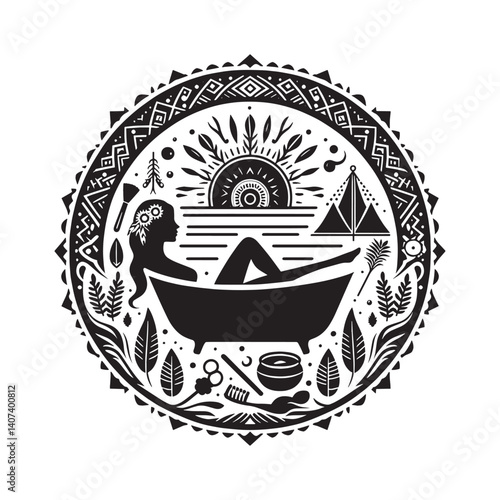 Harmonious spa retreat illustration with relaxing woman in nature scene
