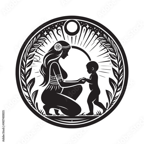Illustrative representation of maternal care as a child takes first steps