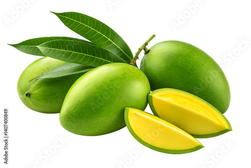 Wallpaper Mural Fresh Green Mangoes With Leaves And Cut Slices On White Background Torontodigital.ca