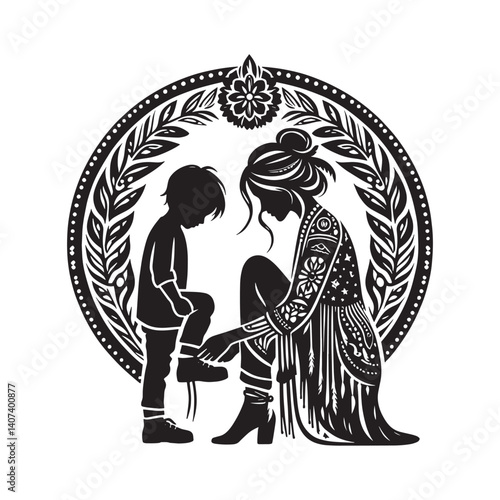 Intricate monochrome illustration depicting mother teaching her child shoelace tying