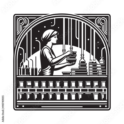 Monochrome factory worker assembling products with ornate art deco frame