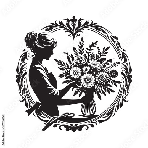 Monochrome floral arrangement illustration with a female silhouette florist