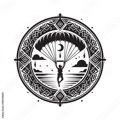 Monochrome graphic illustration of a woman skydiving in ornamental frame