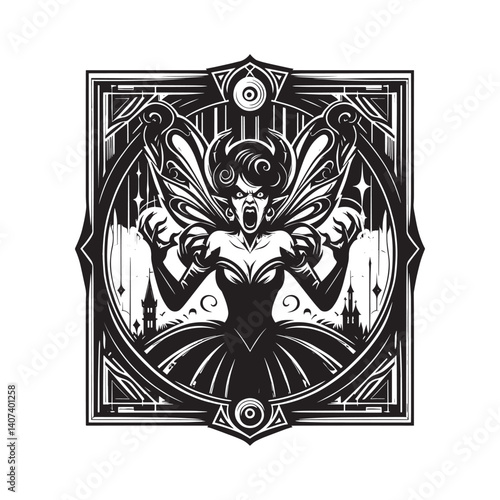 Monochrome Illustration of an Enraged Fairy Character in a Dark Fantasy Setting