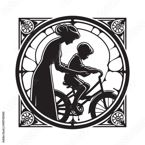 Mother teaching her child to ride a bike () Copy