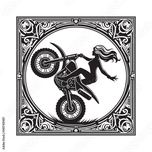 Motorcycle stunt performance with ornamental frame showcases daring skills