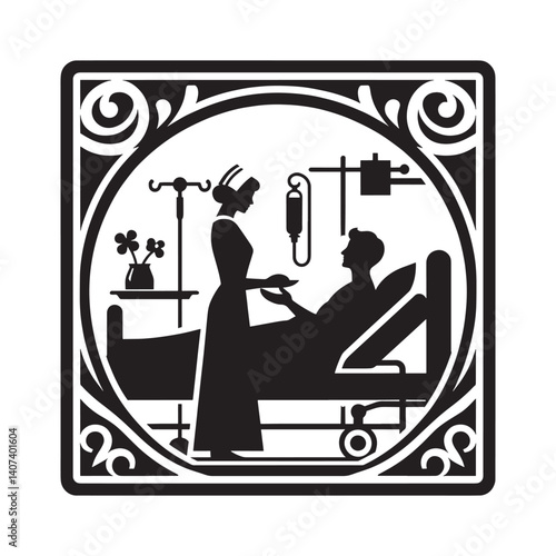 Nursing care in a vintage hospital ward with decorative border design