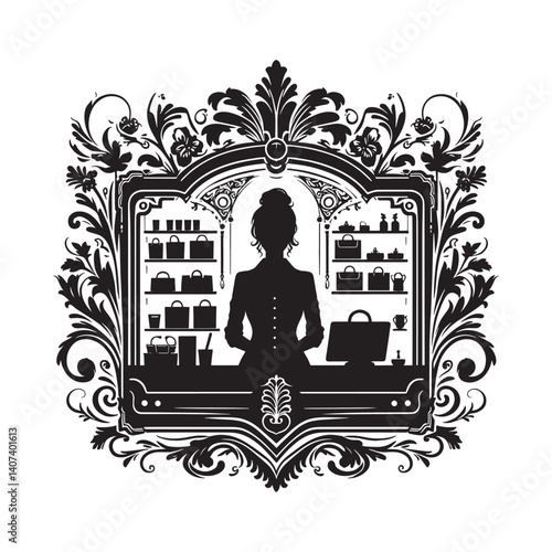Ornate retail silhouette design featuring a boutique shopfront scene