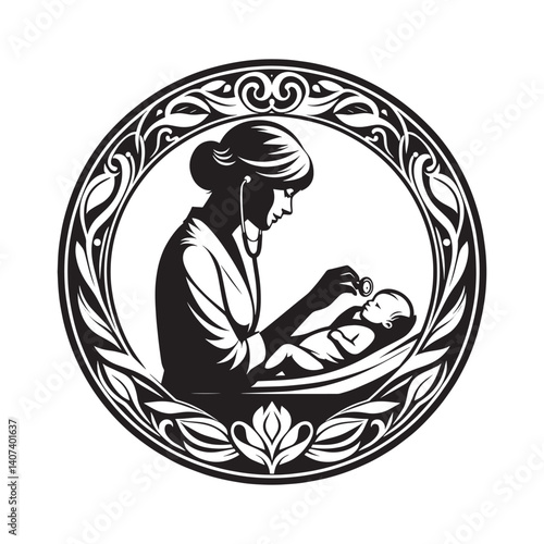 Ornate portrayal of pediatrician examining newborn with artnouveau flair