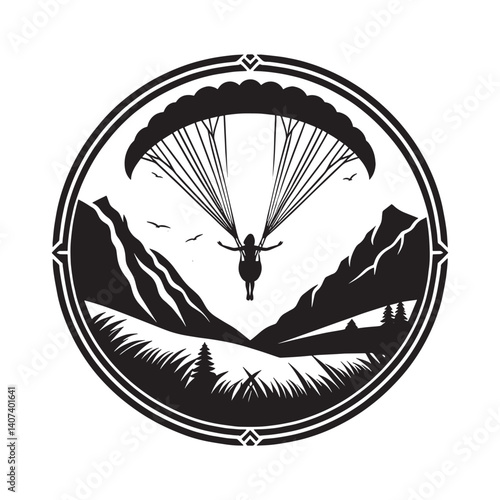 Paragliding adventure over the mountain peaks artwork in circular composition