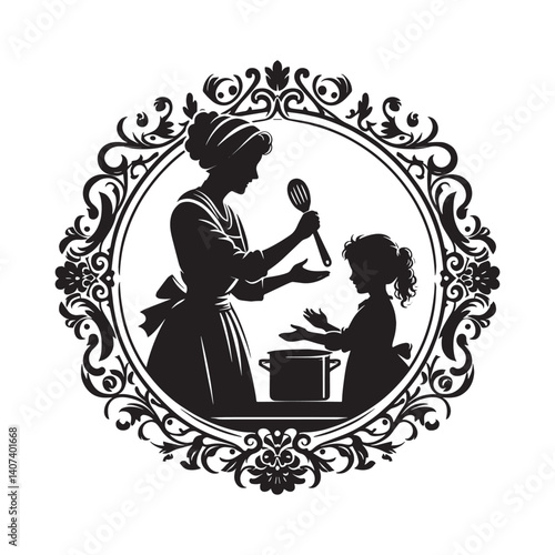 Ornate silhouette illustration of mother teaching child to cook together