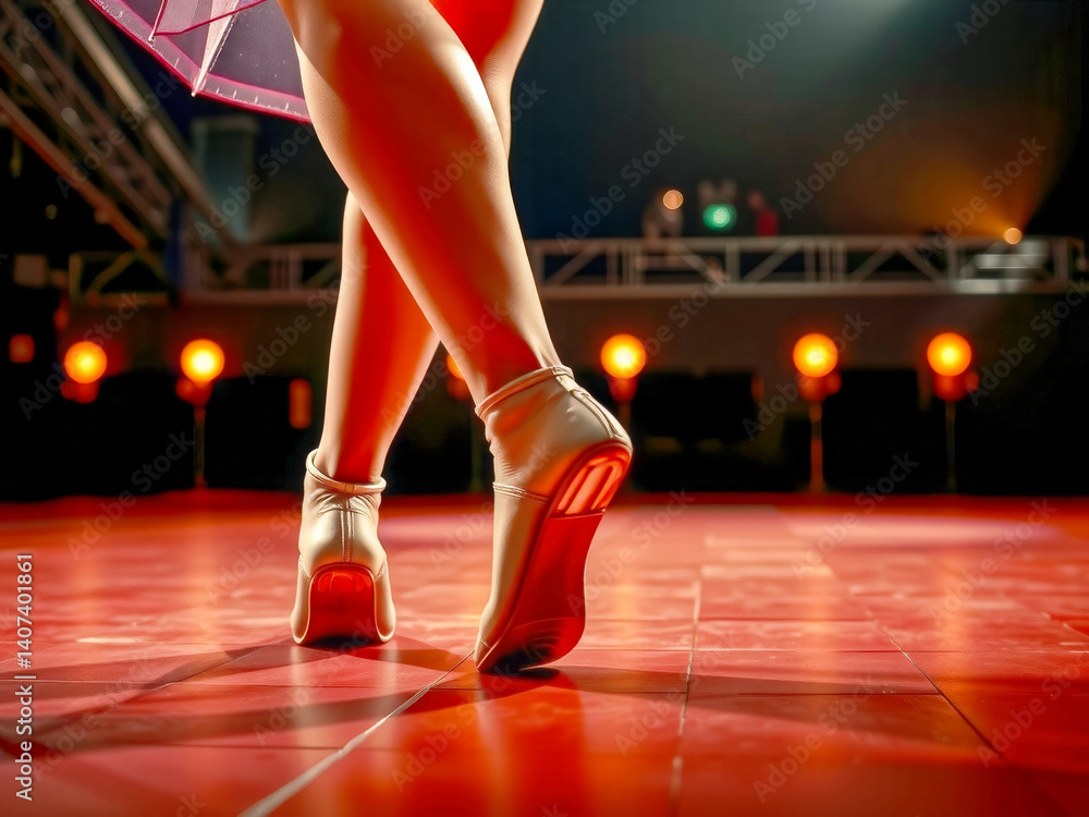 A woman in a pink skirt is dancing on a stage with red lights. Concept of elegance and grace, as the woman's movements are fluid and controlled. The red lights add a dramatic