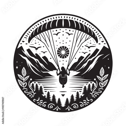 Serene paragliding adventure amidst stylized mountainous landscapes vector art
