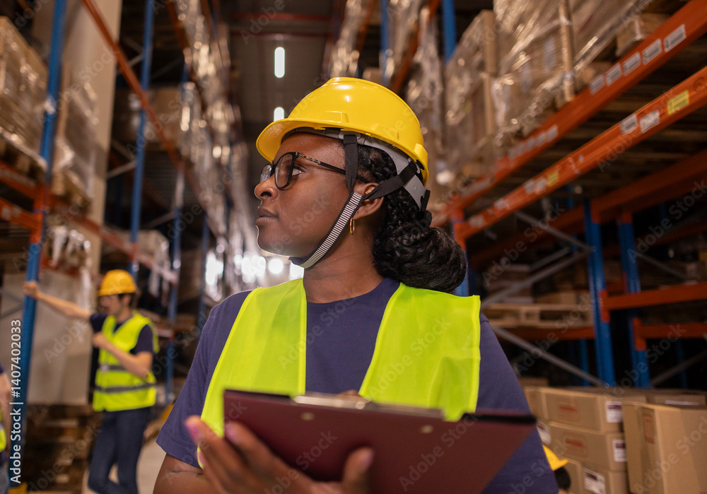 Female supervisor checking inventory in warehouse using clipboard Female supervisor checking inventory in warehouse using clipboard
